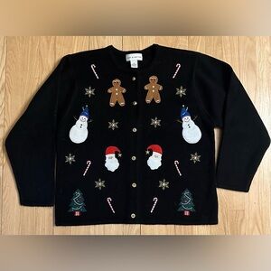 Croft & Barrow Black Ugly Christmas Sweater Button Up Gingerbread Cardigan, Sz M